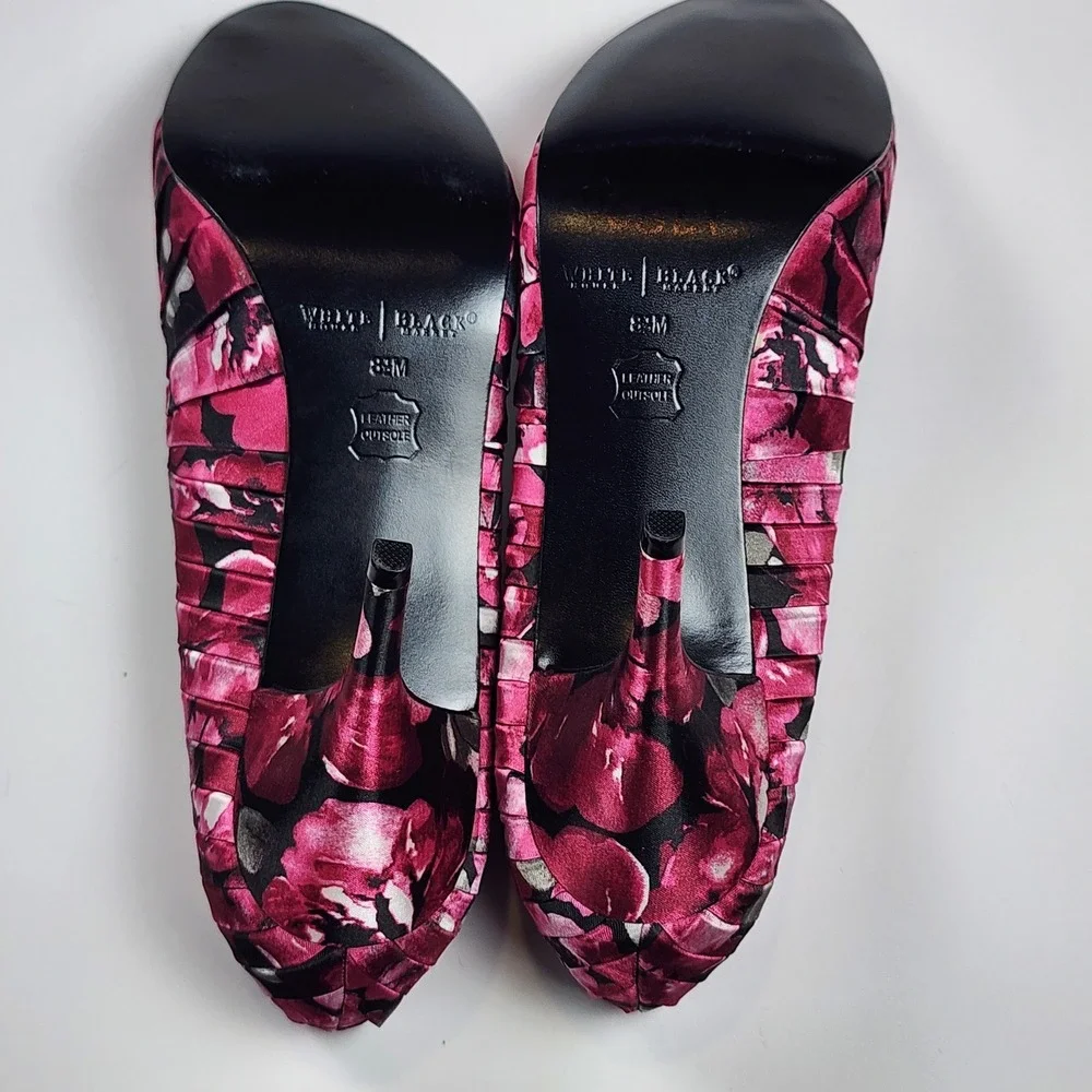 White House Black Market Apple‎ Floral Peep Toe Pumps Pink Black Pleated 8.5M
